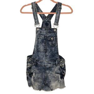 Y2K Acid Wash Denim Overall Skirt Womens 1/2 Pockets 90s Grunge Festival Summer